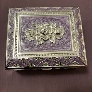 Purple Enamel Floral Jewelry Box with Silver Roses